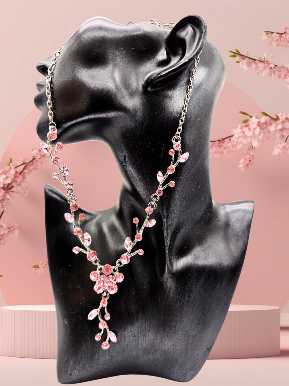 Pink Rhinestone Floral Vine Y Drop Necklace Silver Tone Statement Bridal Prom
